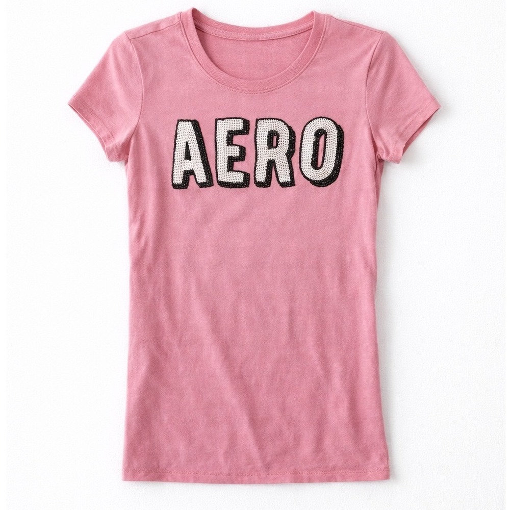 Y2K Aeropostale‎ Pink Sequin AERO logo Baby Tee Fitted 2000s Top Medium